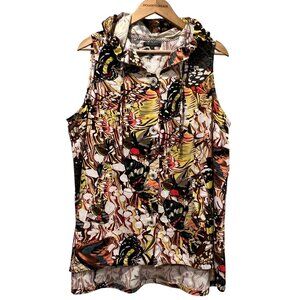 For Cynthia Butterfly Linen Blend Sleeveless Button Top, 1X